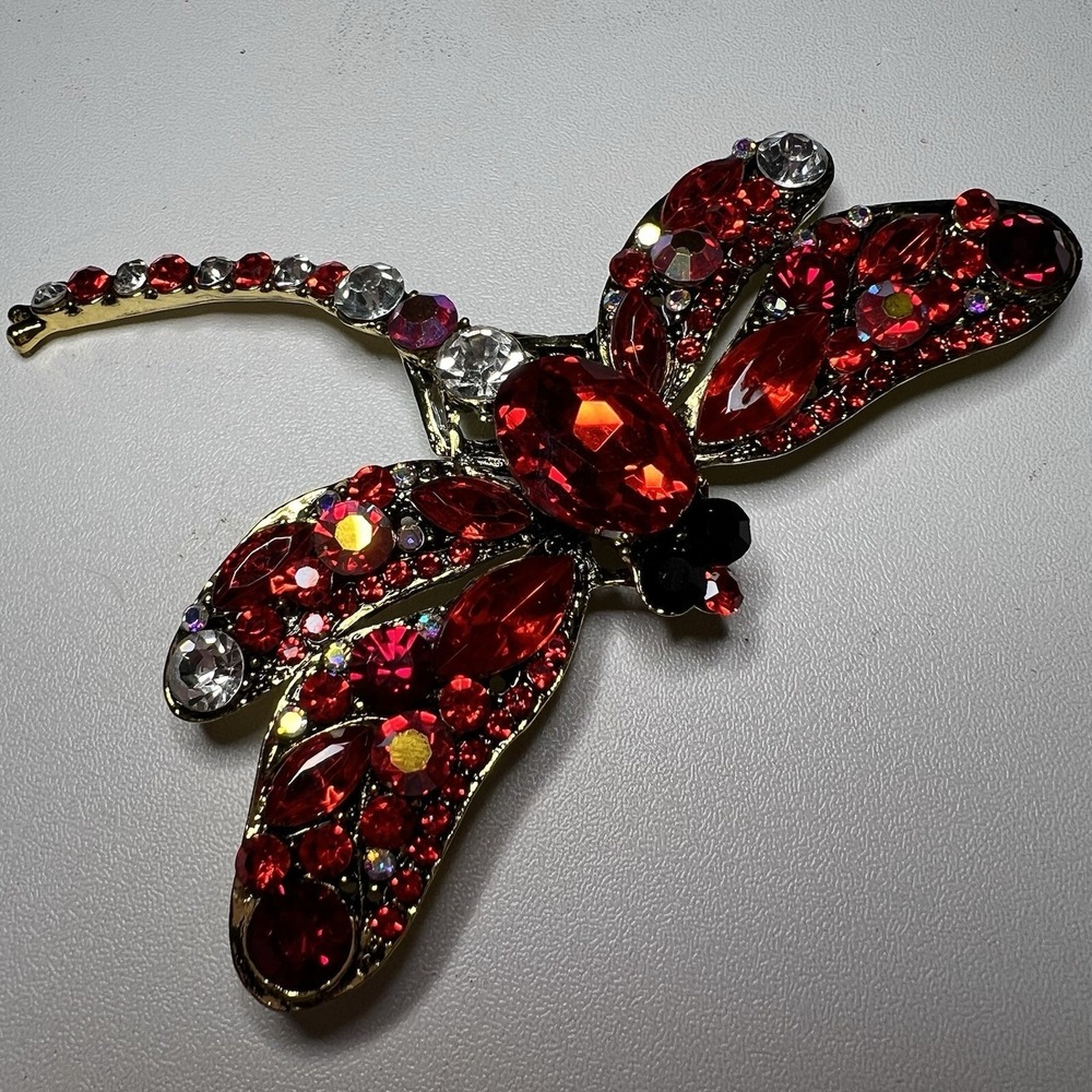 Vtg Gold Tone Metal Large Red Rhinestone‎ Dragonfly Brooch Pin Pendant Statement